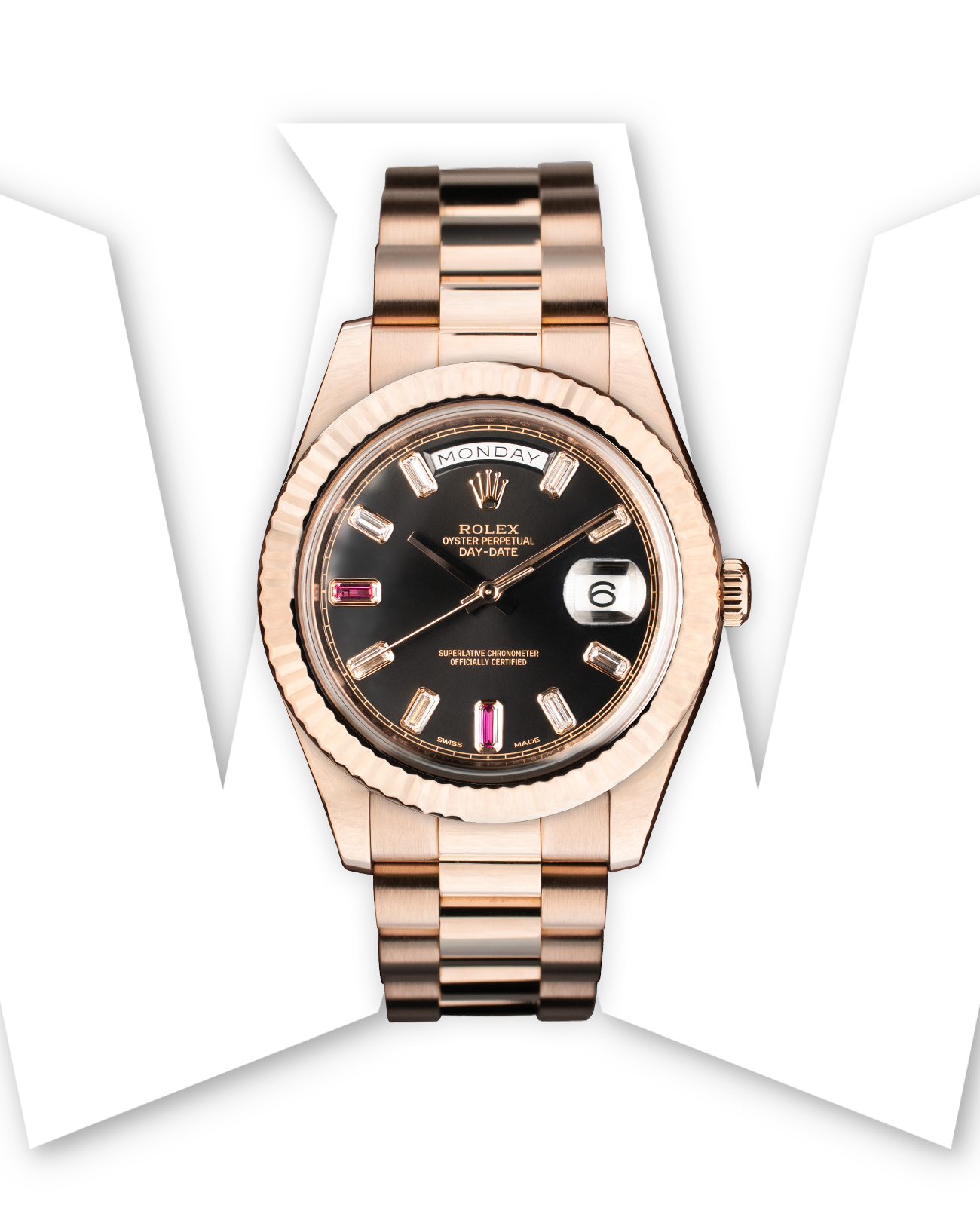 Rolex Day Date II Rose Gold Ruby Diamond Dial Broadwalk Watches